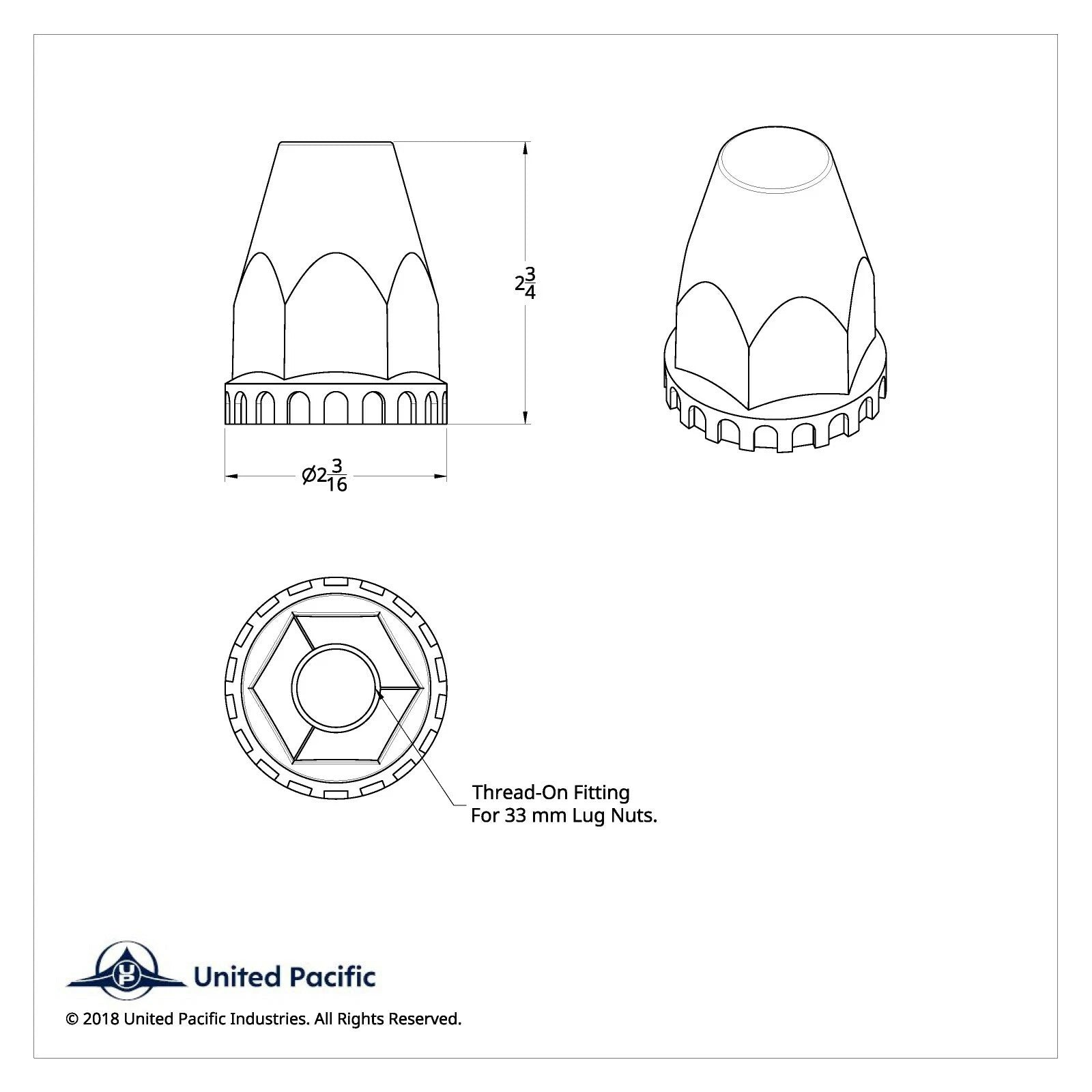 Chrome Lug Nut Covers 33mm Thread-On (2-3/4 Tall) 60 Pack for Universal