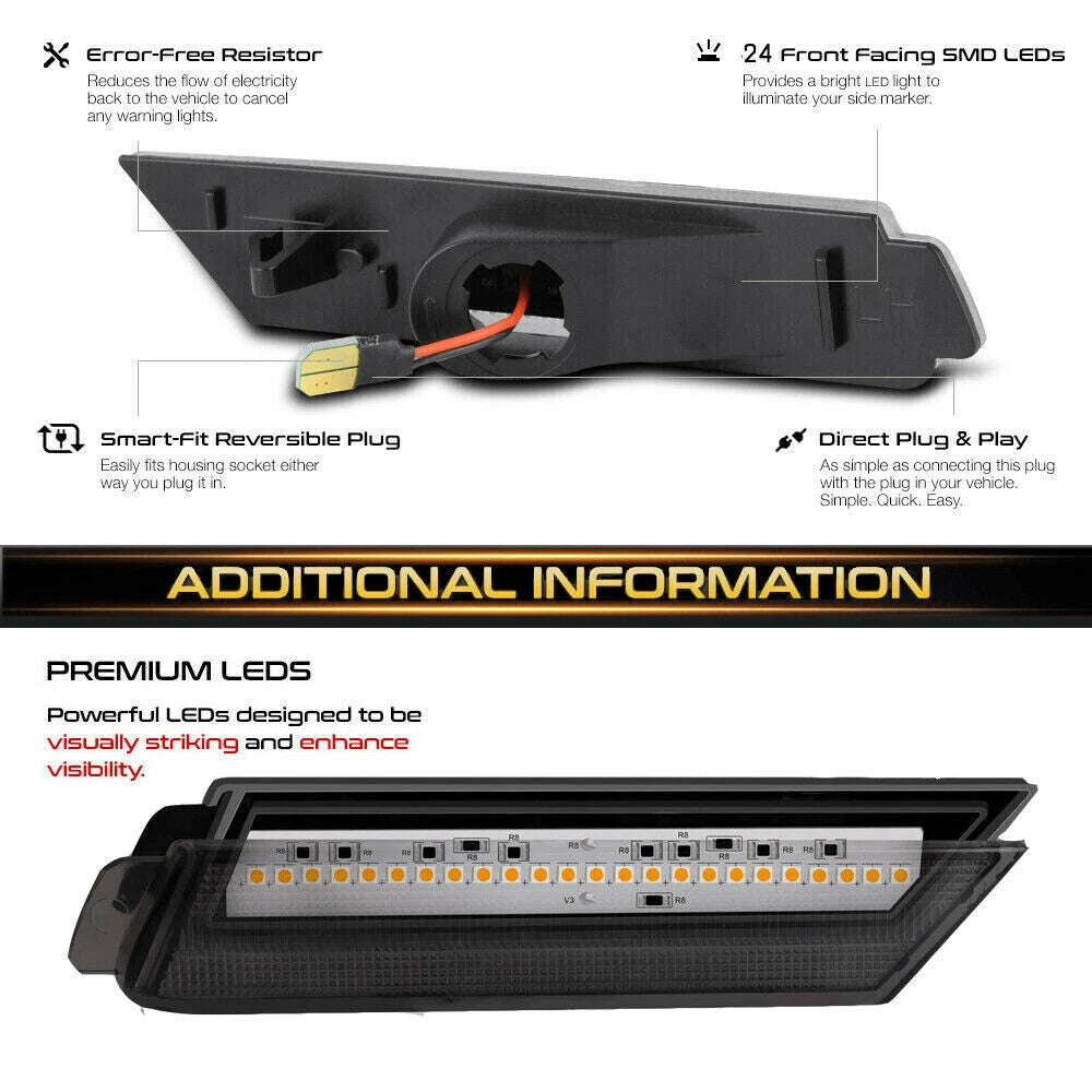 Set of 2 LED Black Lens Front Amber Side Marker Lights for Chevy Camaro (2010–2015)