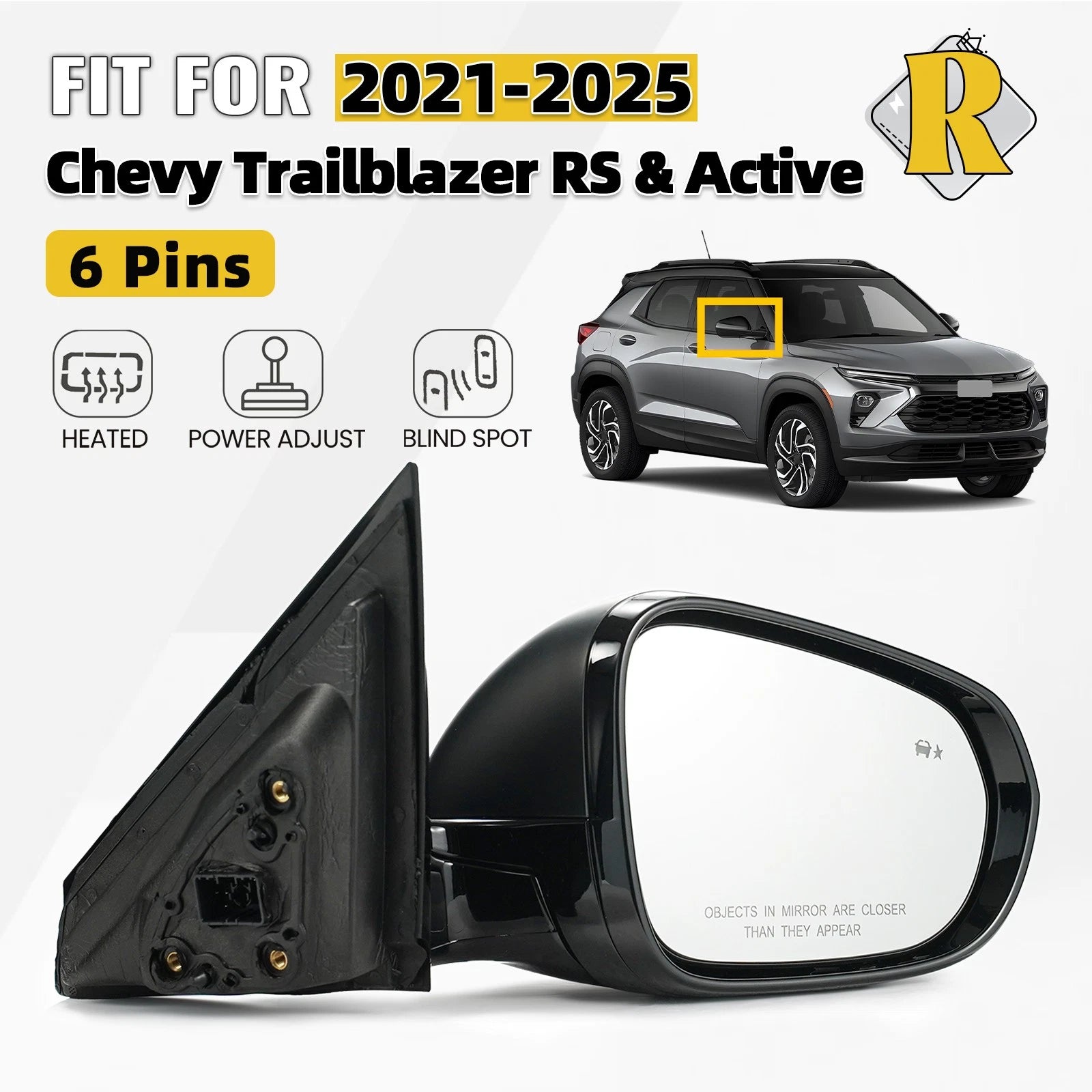 Right Side Mirror for Chevy Trailblazer RS/Active (2021–2025) W/Heated & BSD 6Pins