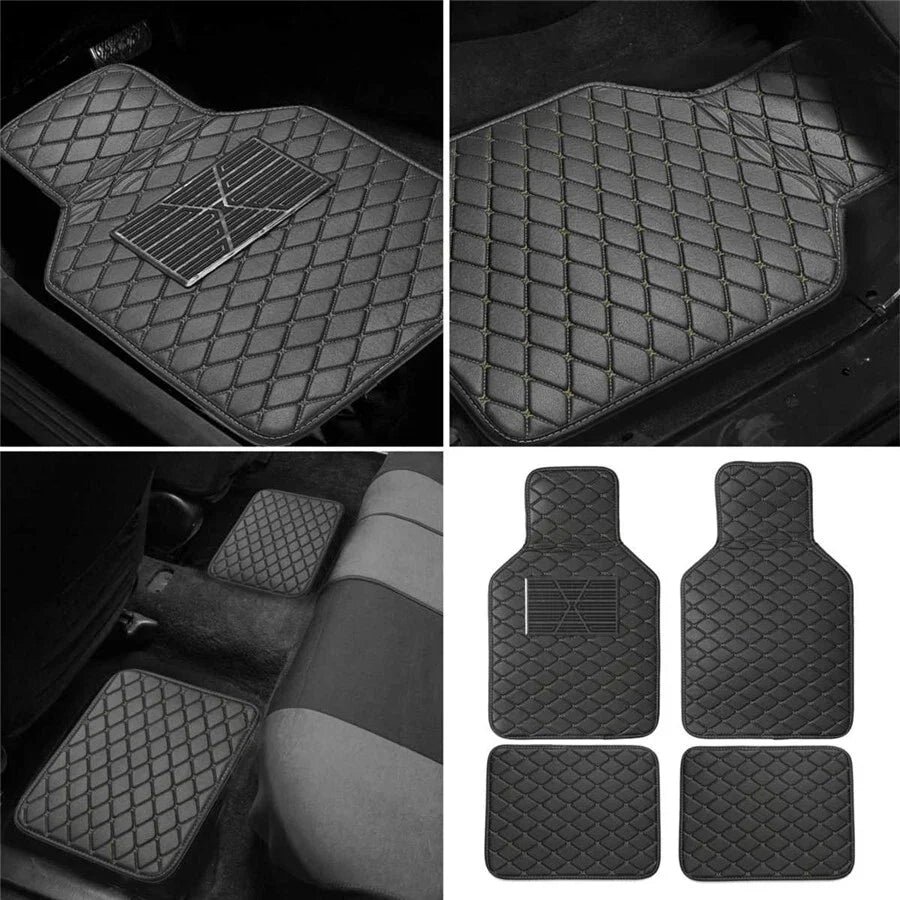 4 x Car Floor Mats Waterproof PU Leather Black & Beige
