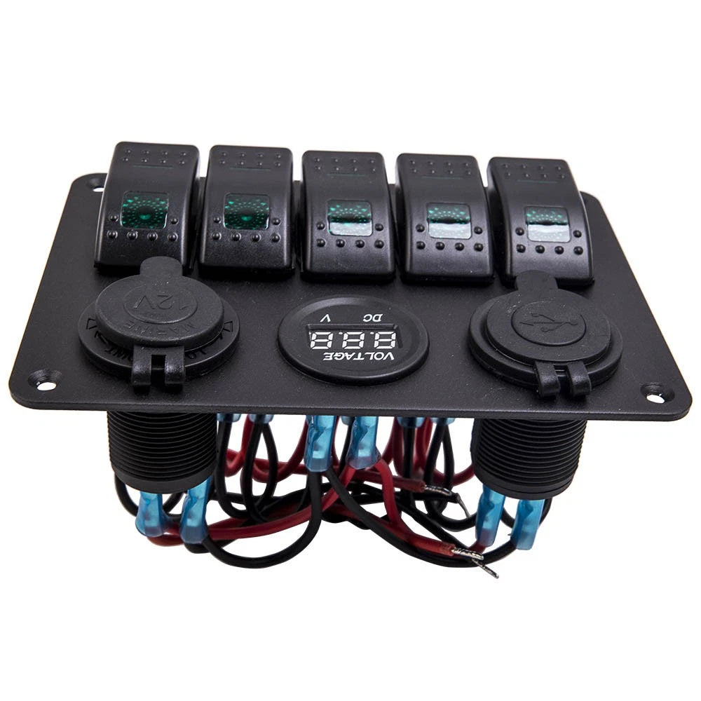 5 Gang Toggle Switch Panel with Dual USB Charging Ports for Car Boat Truck (12V)