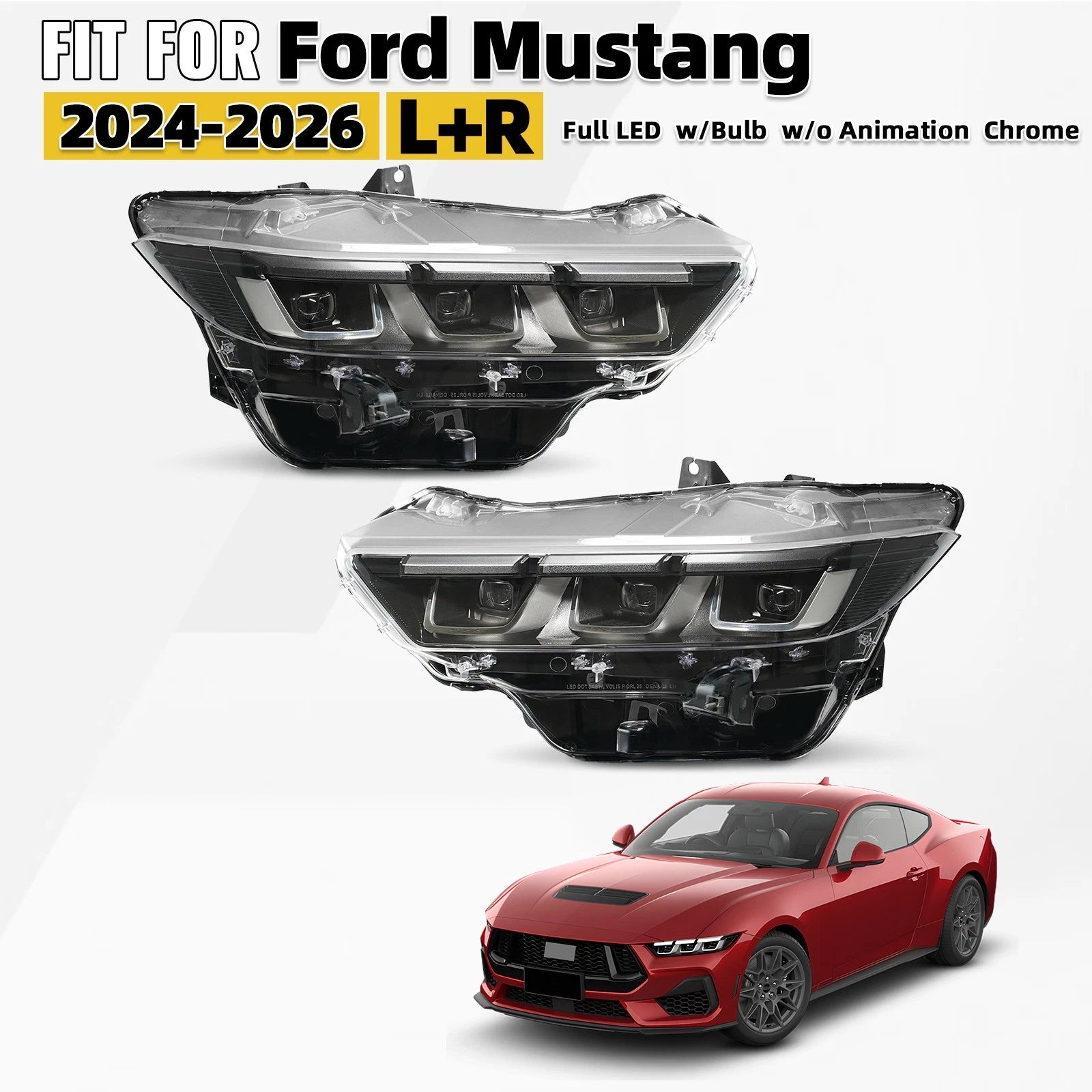 Full LED Headlight Set for Ford Mustang (2024–2026) - Chrome, DRL, LED Module