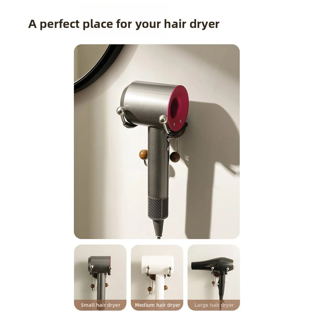 Wall Mounted Hair Dryer Rack for Universal Use (Stainless Steel, Walnut)