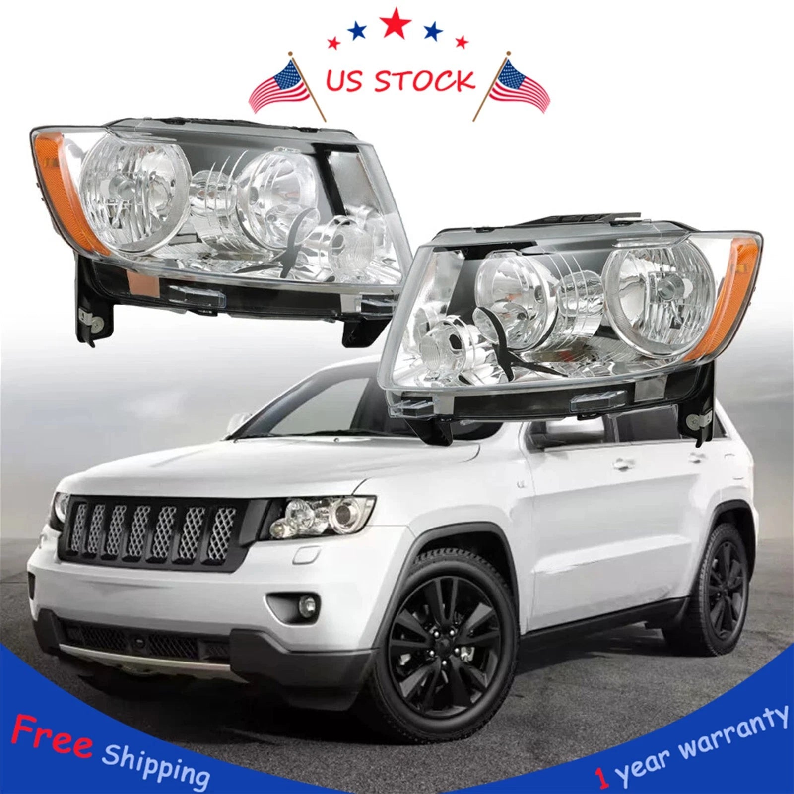 Pair Headlight Assembly for Jeep Grand Cherokee (2011–2013) & Compass (2011–2017) Chrome