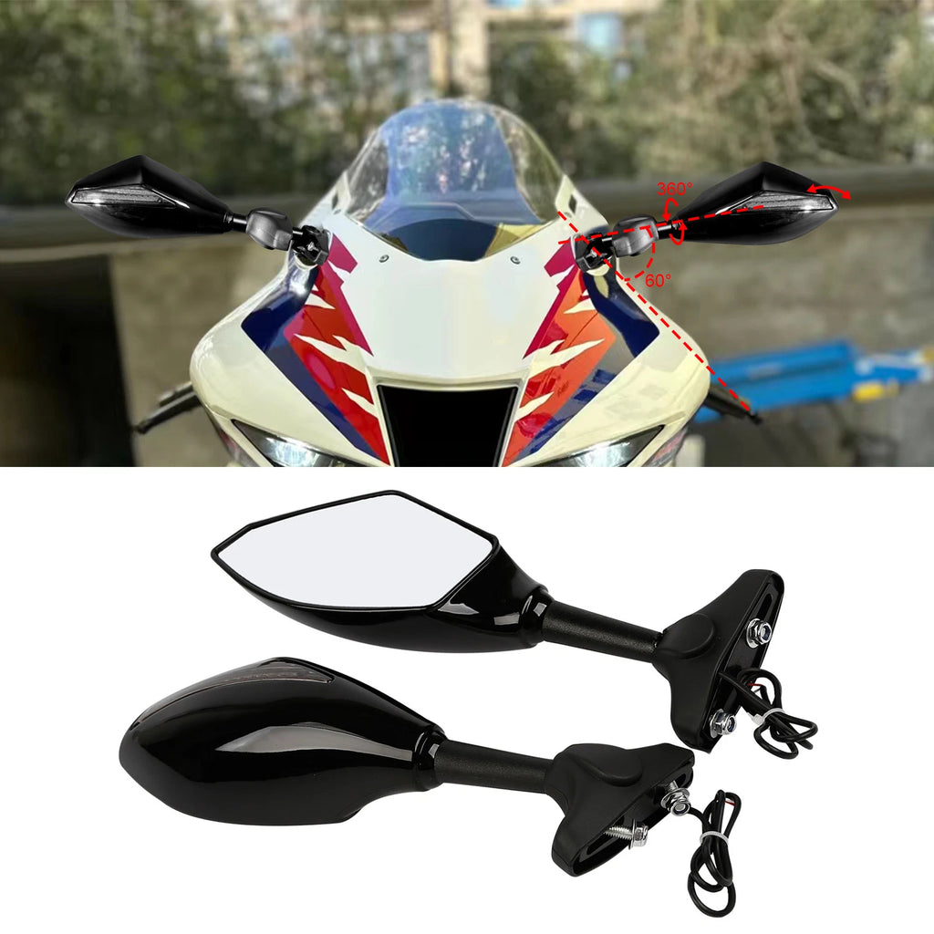 Black Rearview Side Mirrors with Blue LED Turn Signal for Honda Kawasaki Yamaha