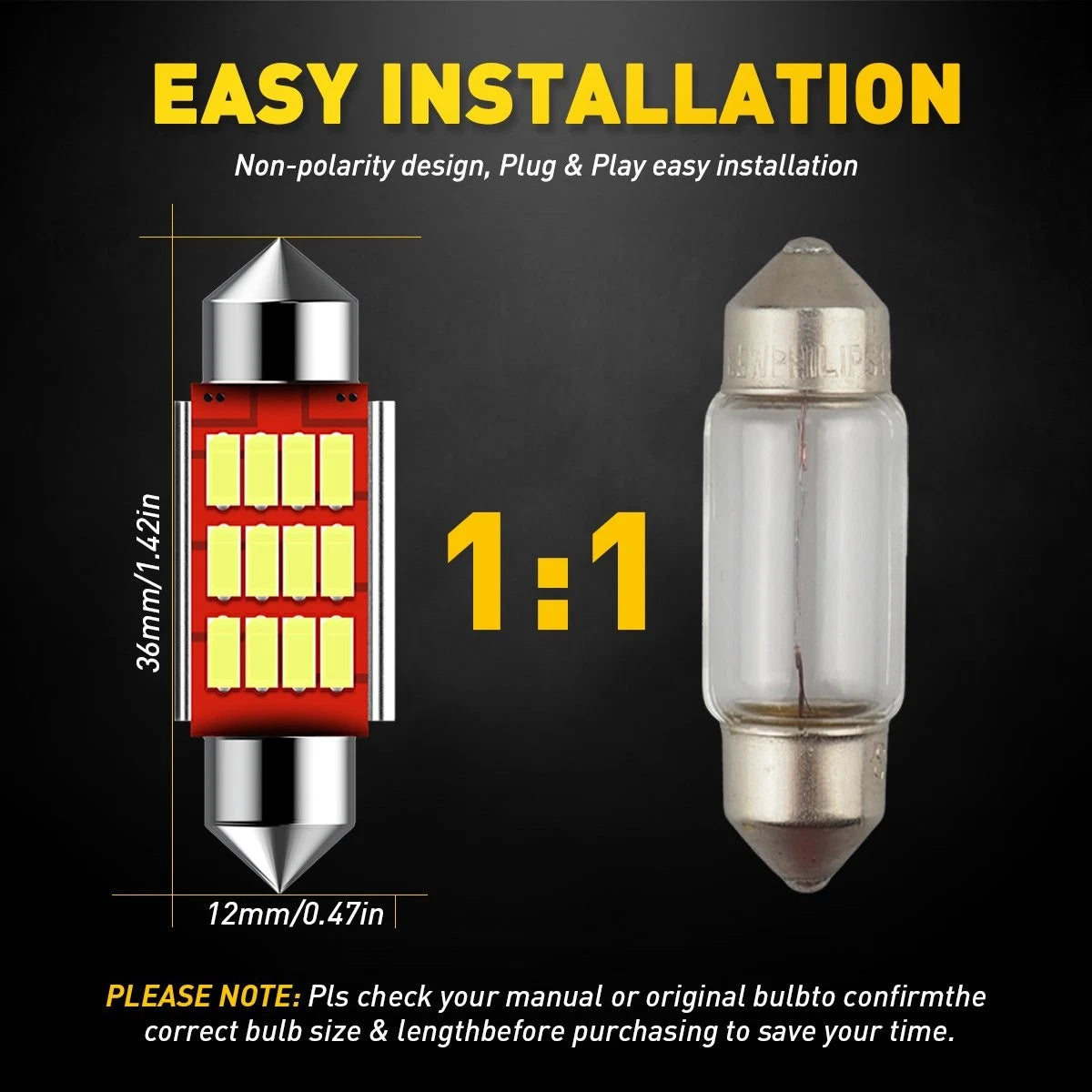 2X LED Festoon License Plate Light Bulbs for Various Vehicles (YYYY–YYYY)