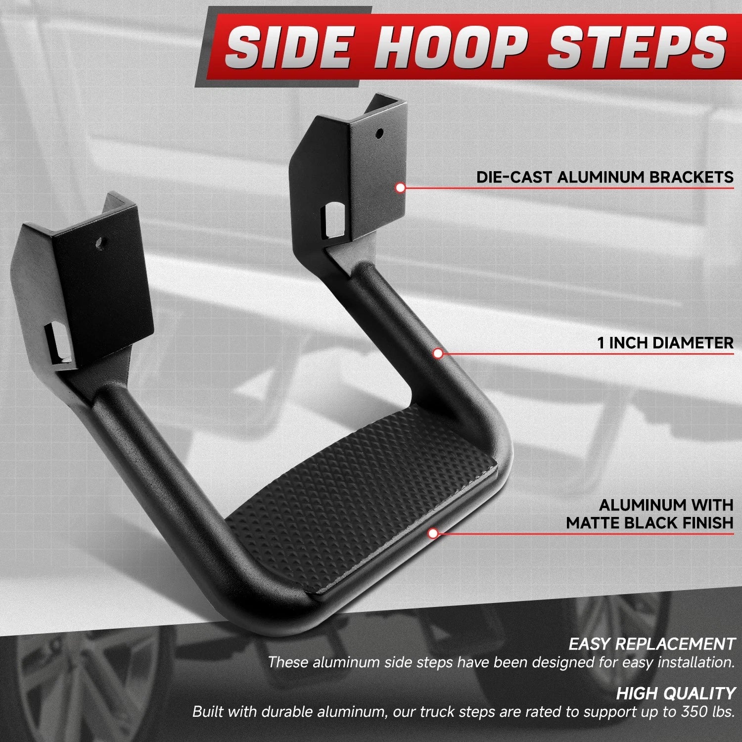 Set of 4 Black Powder-Coated Cast Aluminum Side Steps for Ford/Chevy/GMC/Dodge