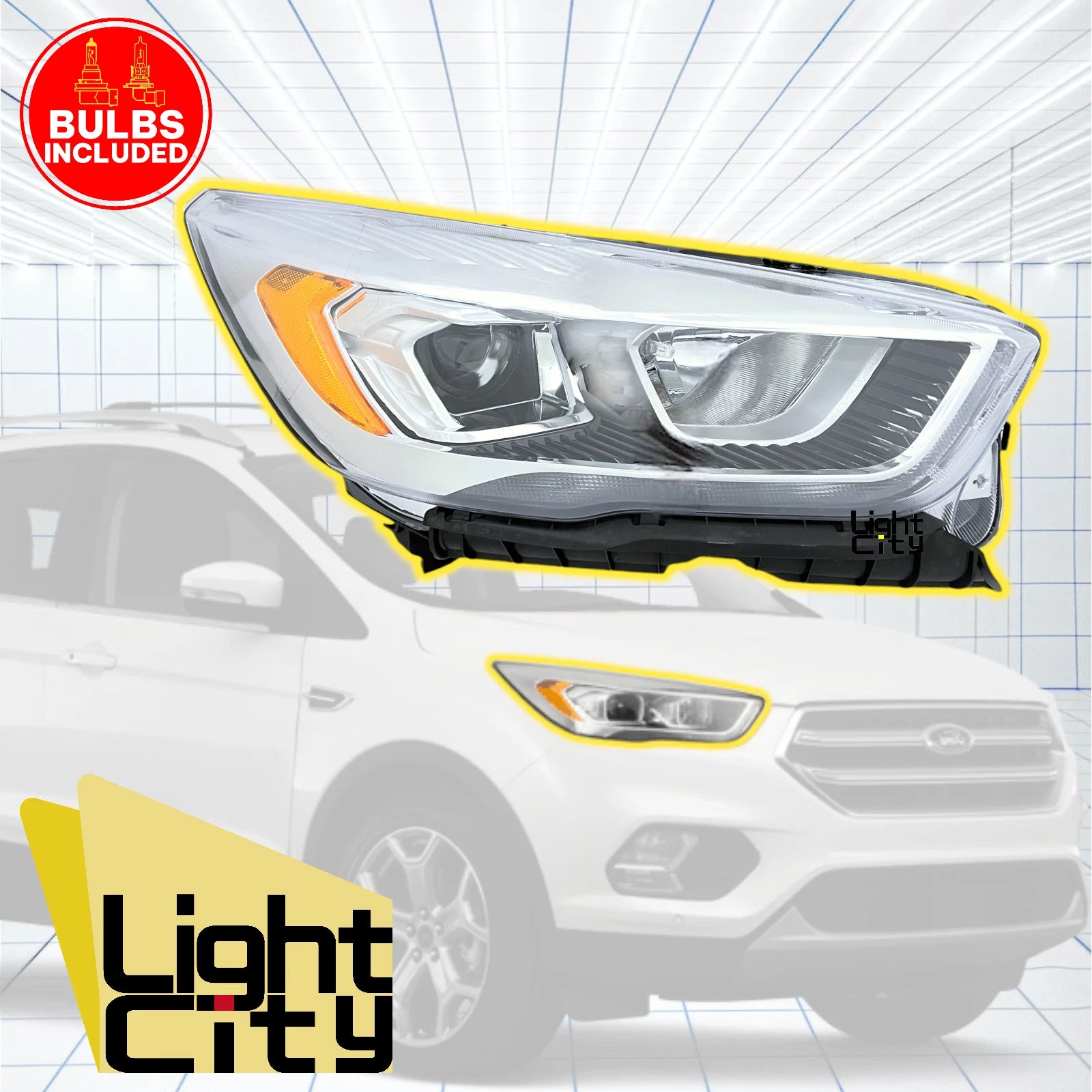Passenger Halogen Headlight for Ford Escape (2017–2019) RH with LED DRL, Chrome