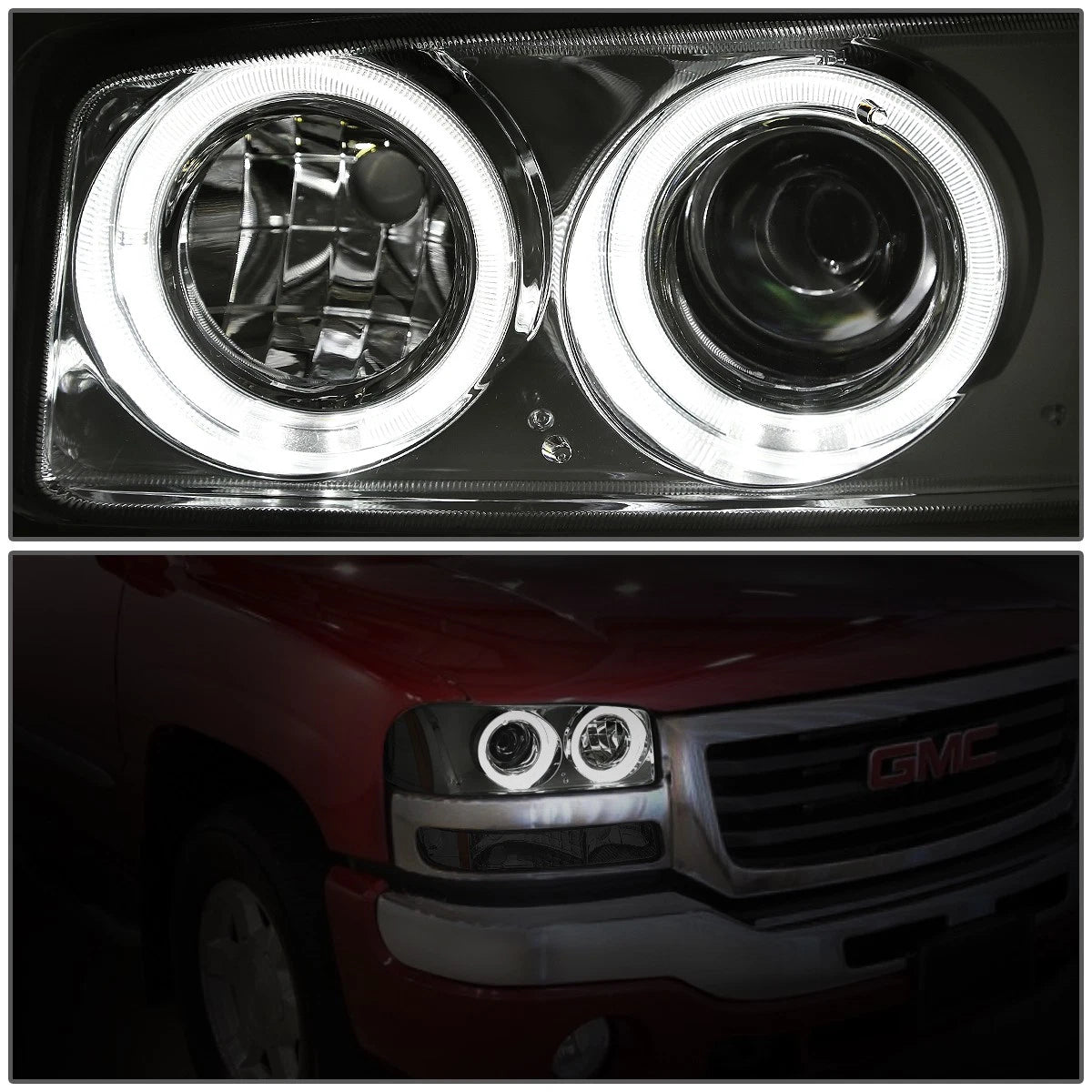 Dual Halo Projector Headlight Set for GMC Sierra (1999–2006) - Chrome