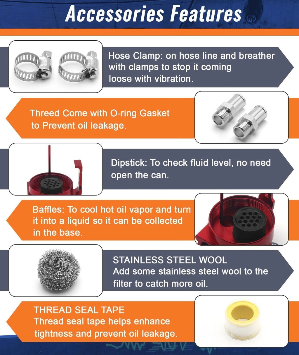 Oil Catch Can Kit with Breather Filter for Universal Applications (Aluminum)