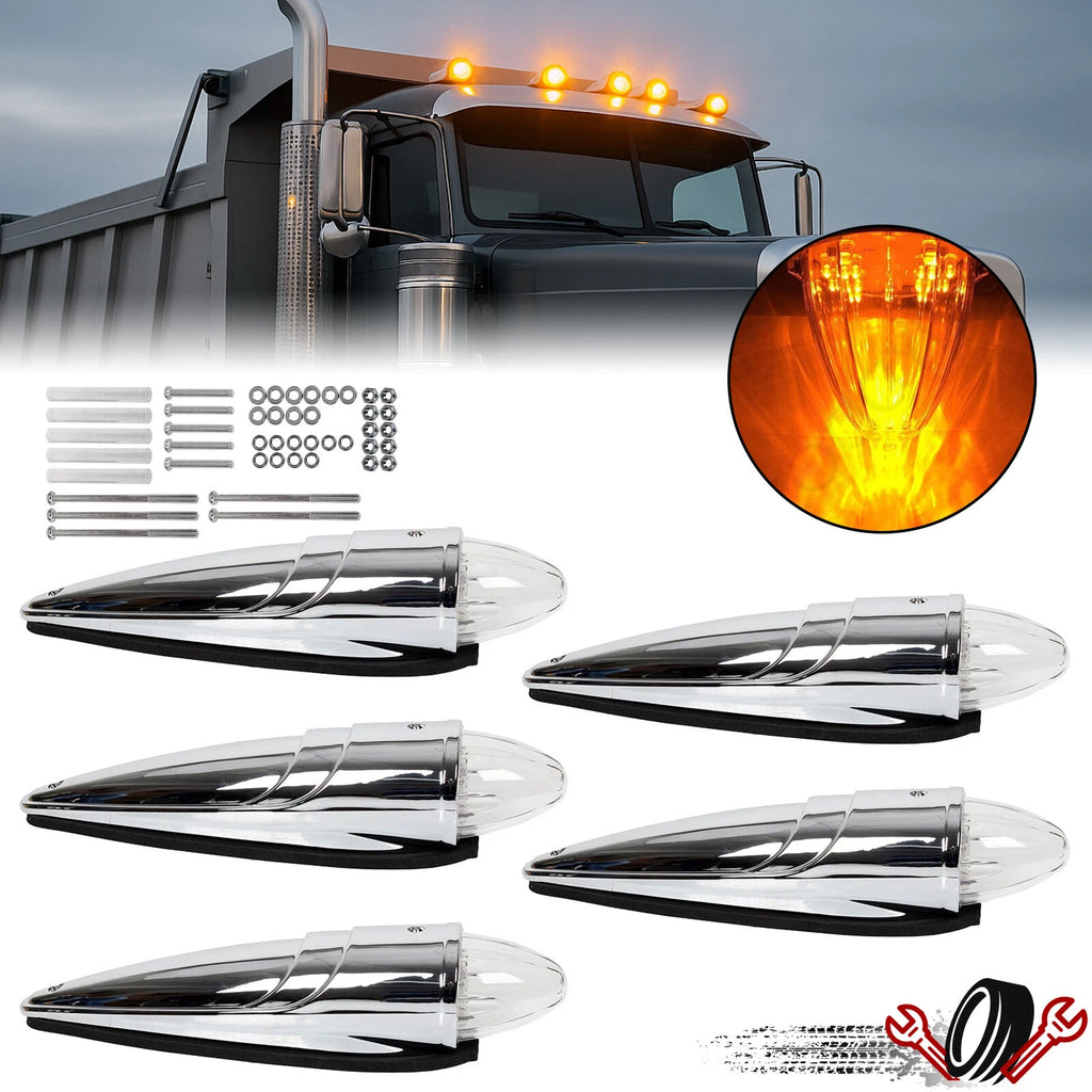 Set of 5 Clear Amber LED Roof Cab Marker Lights for Peterbilt Kenworth