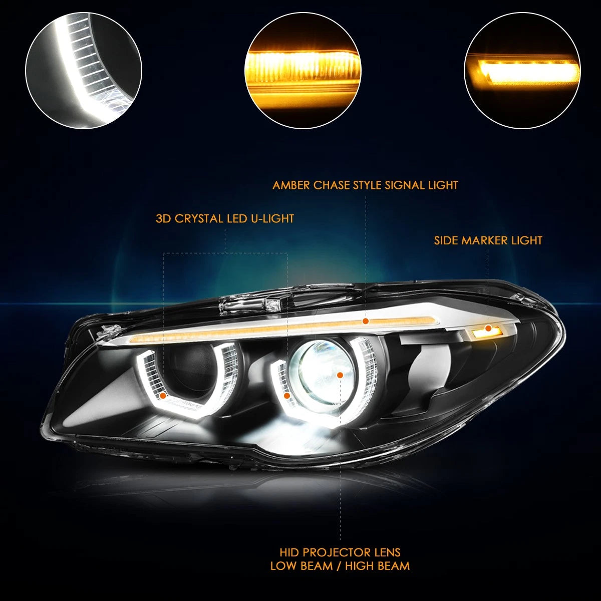 3D LED U-Halo + Sequential Turn Signal Projector Headlights for BMW F10 (2011–2013)