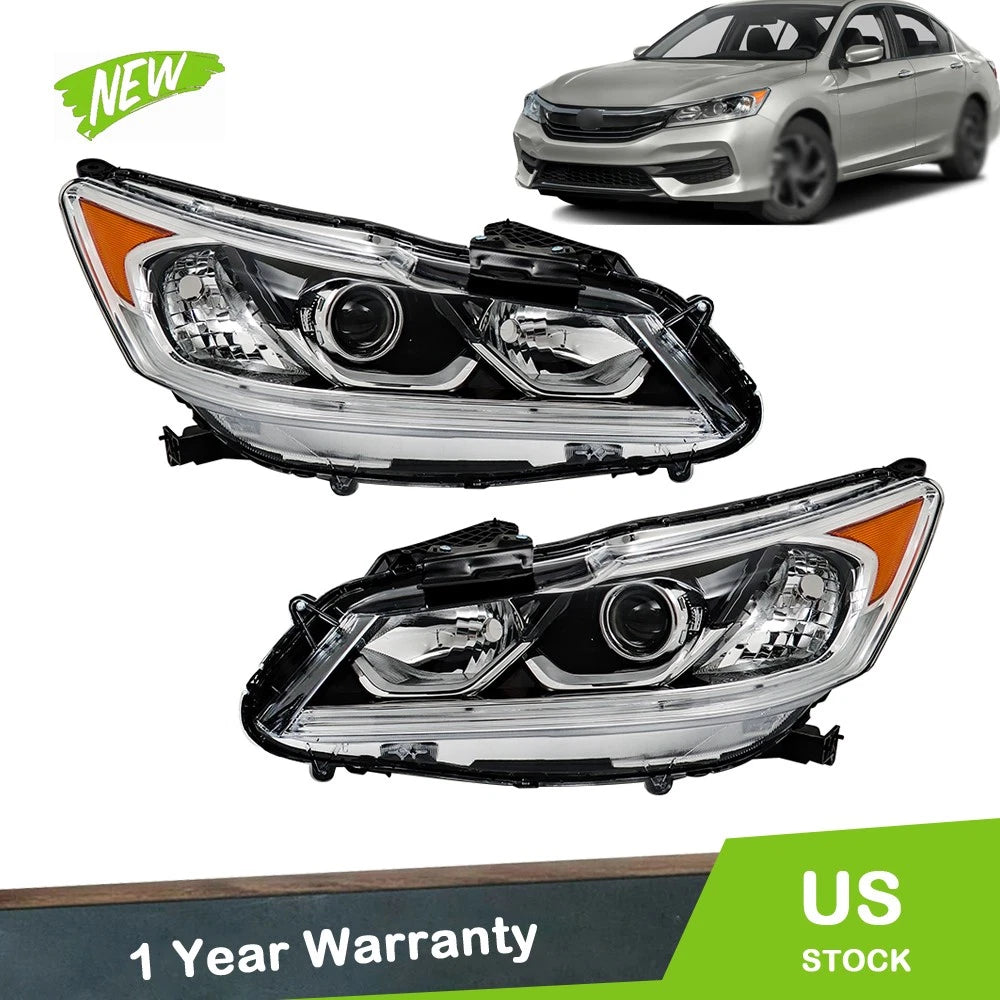 Headlights for Honda Accord (2016–2017) Chrome w/LED DRL Halogen LH+RH