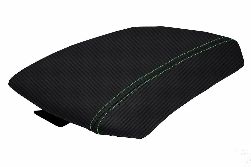 Console Lid Armrest Cover for Nissan Xterra (2005–2015) Carbon Fiber Green Stitch