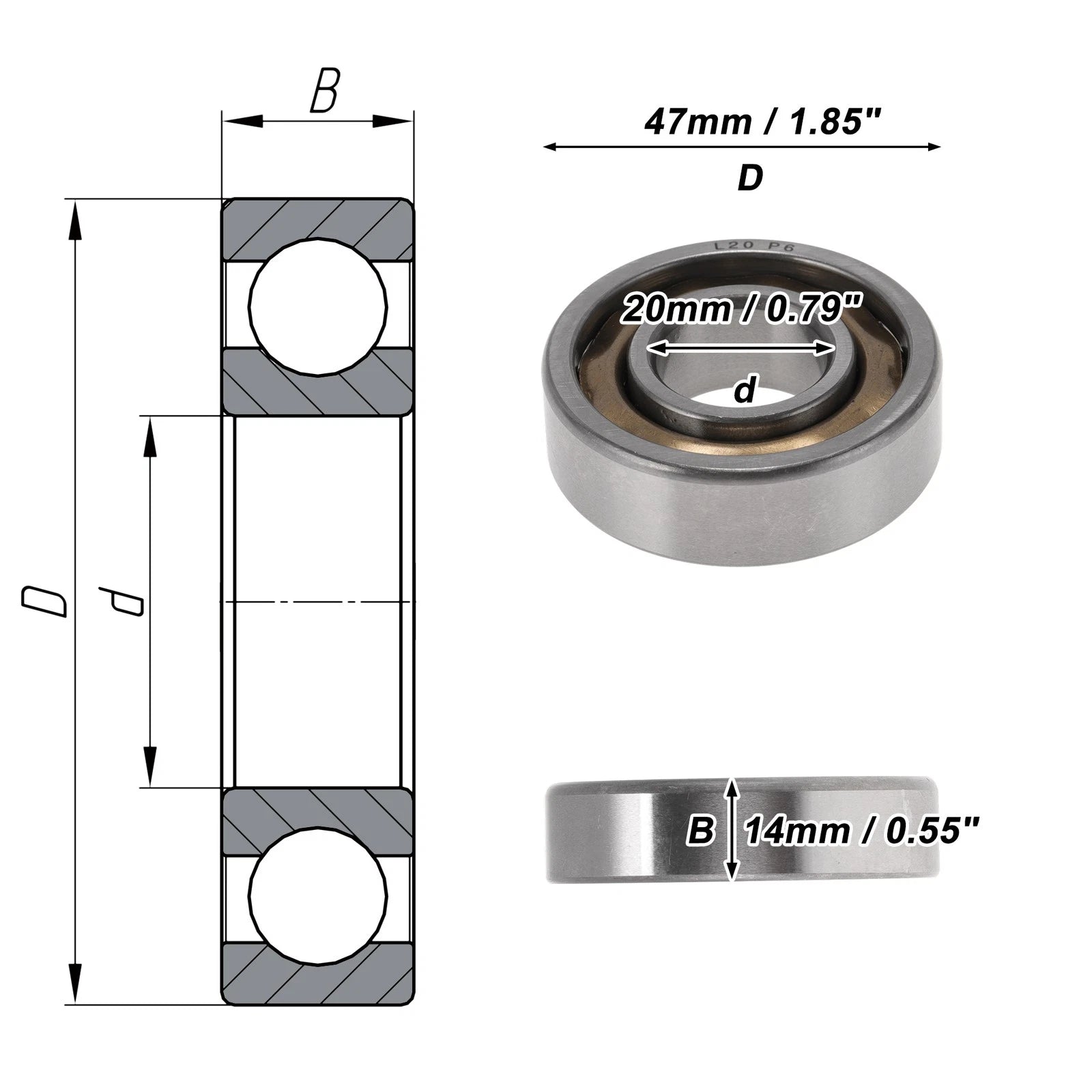 L20 Deep Groove Ball Bearings for Scooter Skateboard Wheel (20x47x14mm)