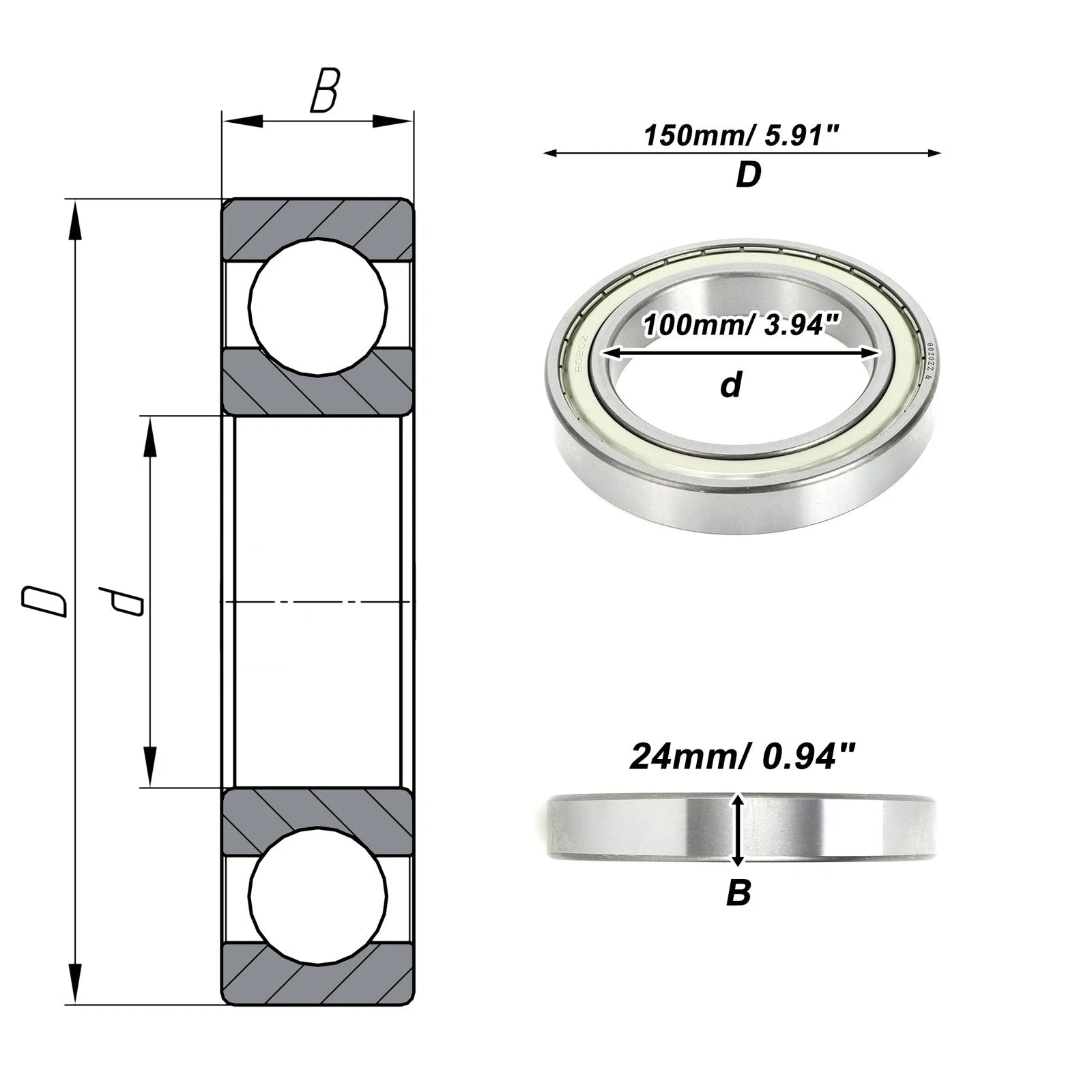 Deep Groove Ball Bearing 100x150x24mm for Scooter Skateboard (6020ZZ)