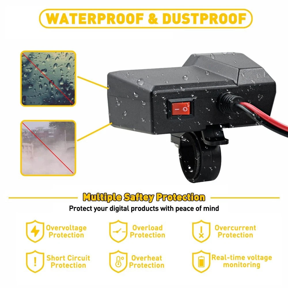 USB Power Charger with Voltmeter for Motorcycle (Waterproof)