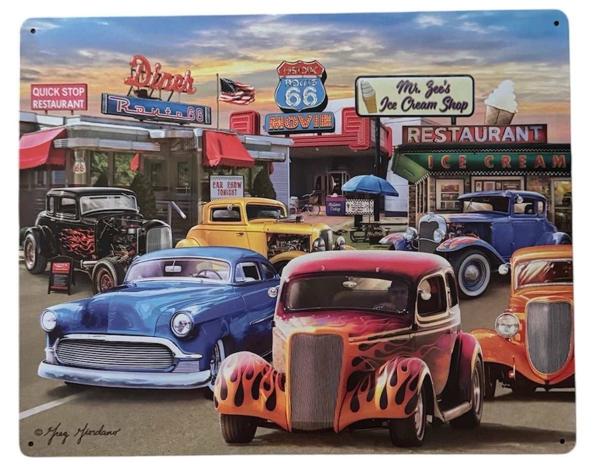 Metal Sign Wall Art for Vintage Retro Rt 66 Diner Hot Rod Car Show (12x15)