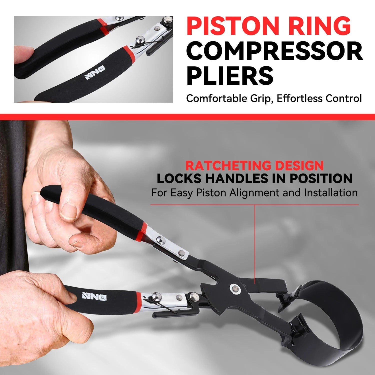 9-Pc Ratcheting Piston Ring Compressor Set with Carrying Case