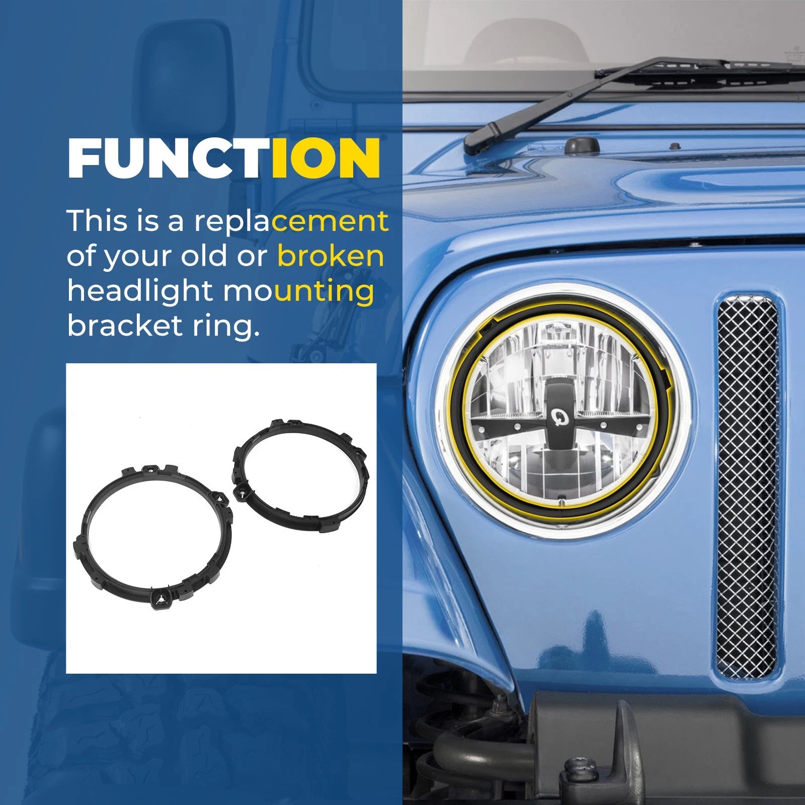Headlight Bulb Brackets + Light Rings for Jeep Wrangler (1997–2006)