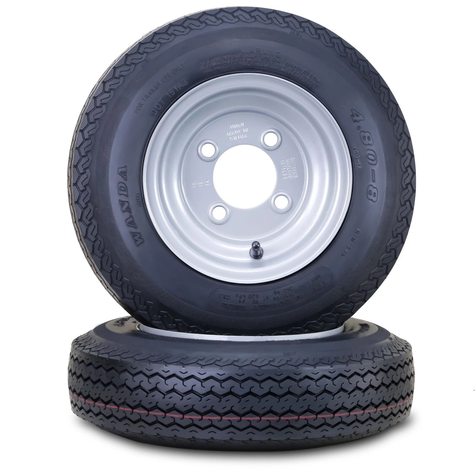 2 WANDA Trailer Tire Wheel Assembly 4.80-8 6-Ply 4 Lugs 4" PCD Silver Rim
