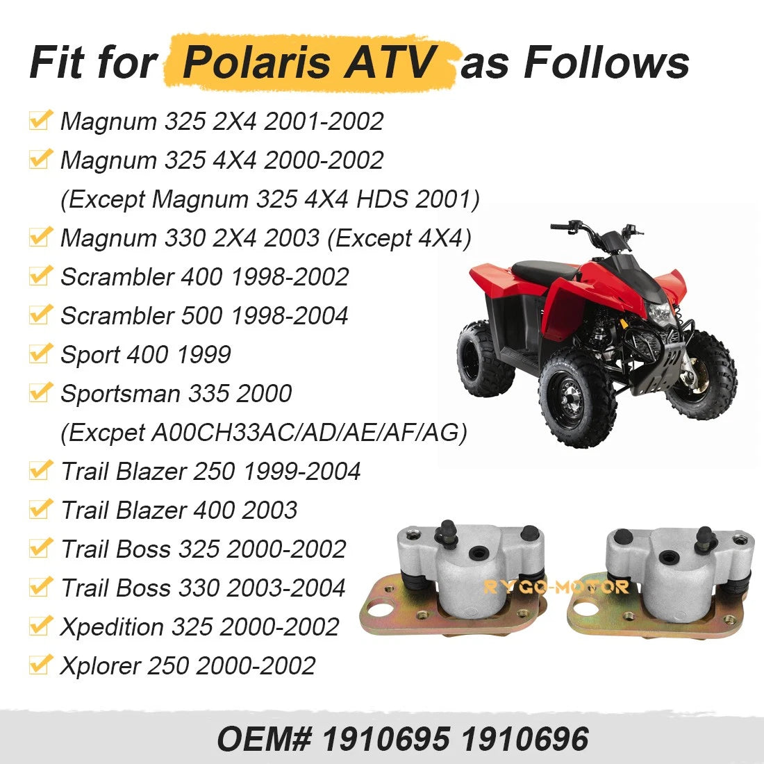 Front Brake Calipers & Pads for Polaris Xplorer 250, Xpedition 325, Magnum 325 ATV