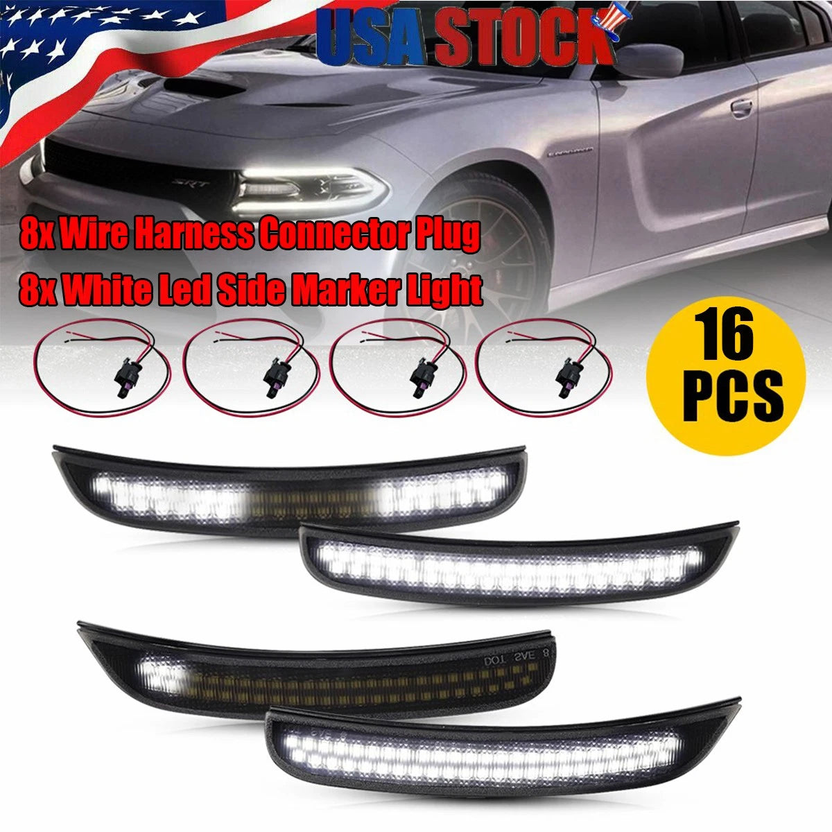 Dynamic White Side Marker Light + Wiring Harness Connector for Chrysler 300 (2015–2022)