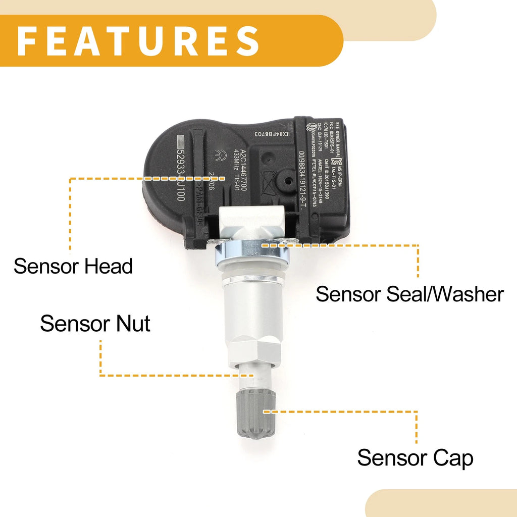 Tire Pressure Sensor 529332J100 for Hyundai Accent (2018–2022) 433MHz