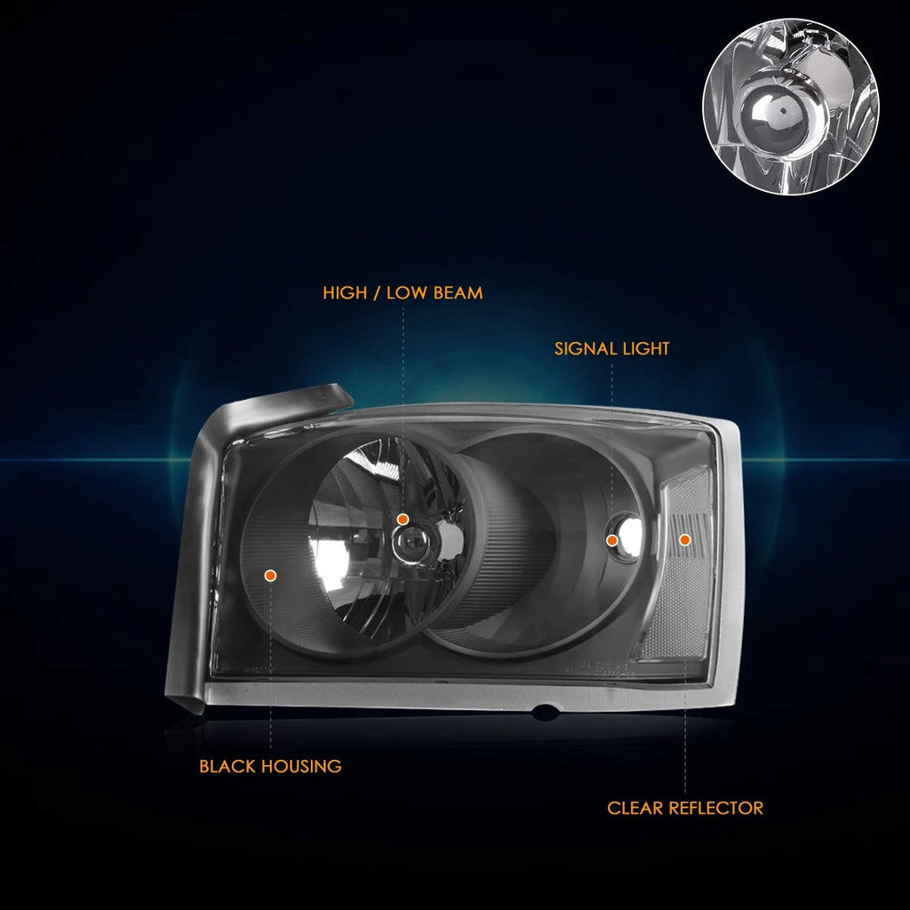 Factory Style Headlights for Dodge Dakota (2005–2007) Black Housing Clear Corner