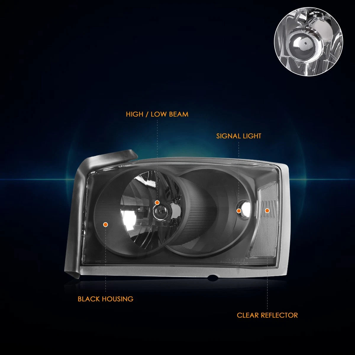 Factory Style Headlights for Dodge Dakota (2005–2007) Black Housing Clear Corner