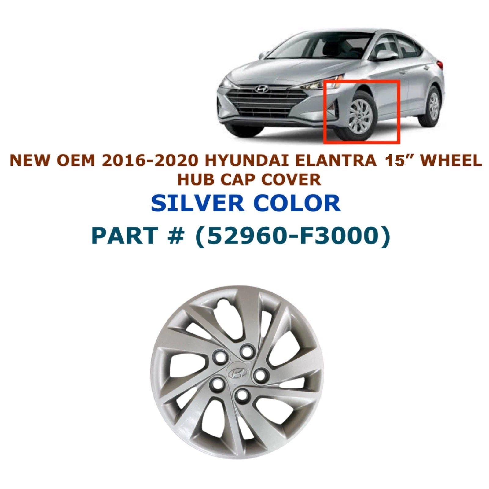 15" Hubcap Wheel Cover for Hyundai Elantra (2016–2020) - Silver 52960-F3000