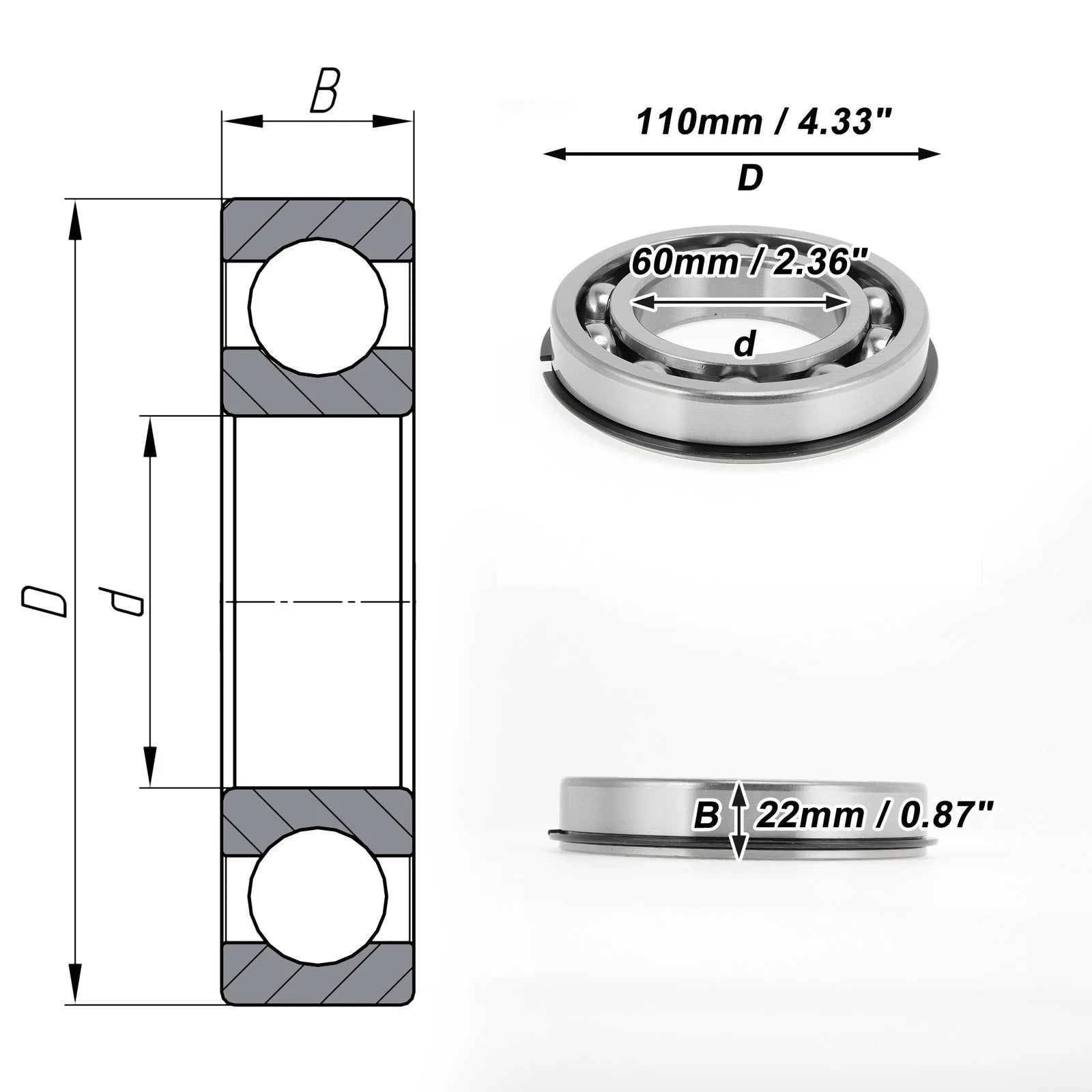 Deep Groove Ball Bearing 6212NR for Scooter Skateboard Wheel (P0 60x110x22mm)