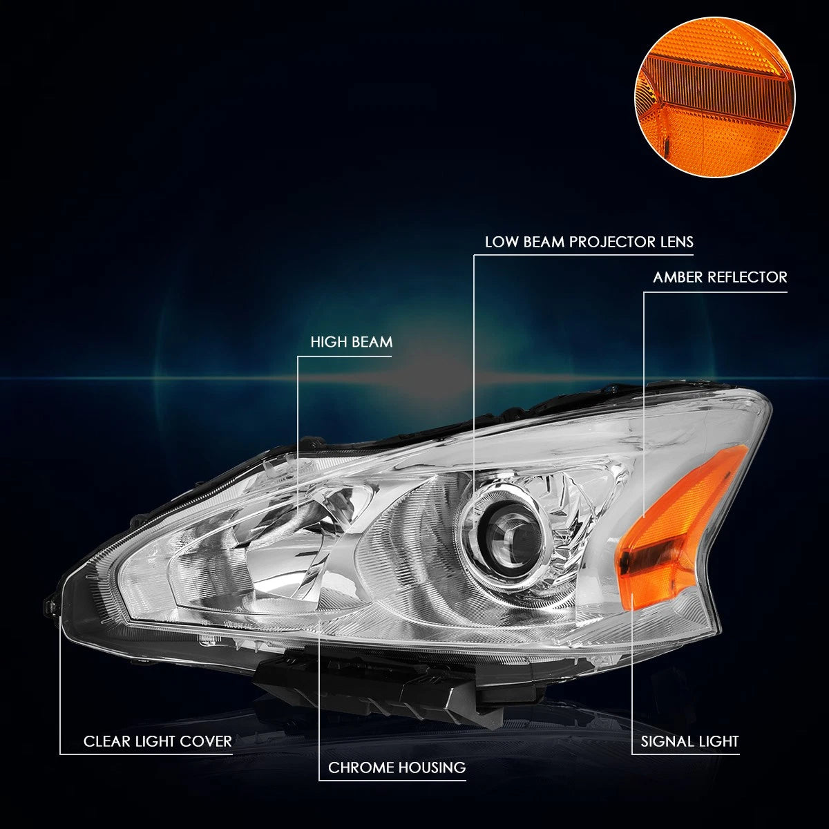 Projector Headlight Set for Nissan Altima Sedan (2013–2015) Amber Corner Chrome