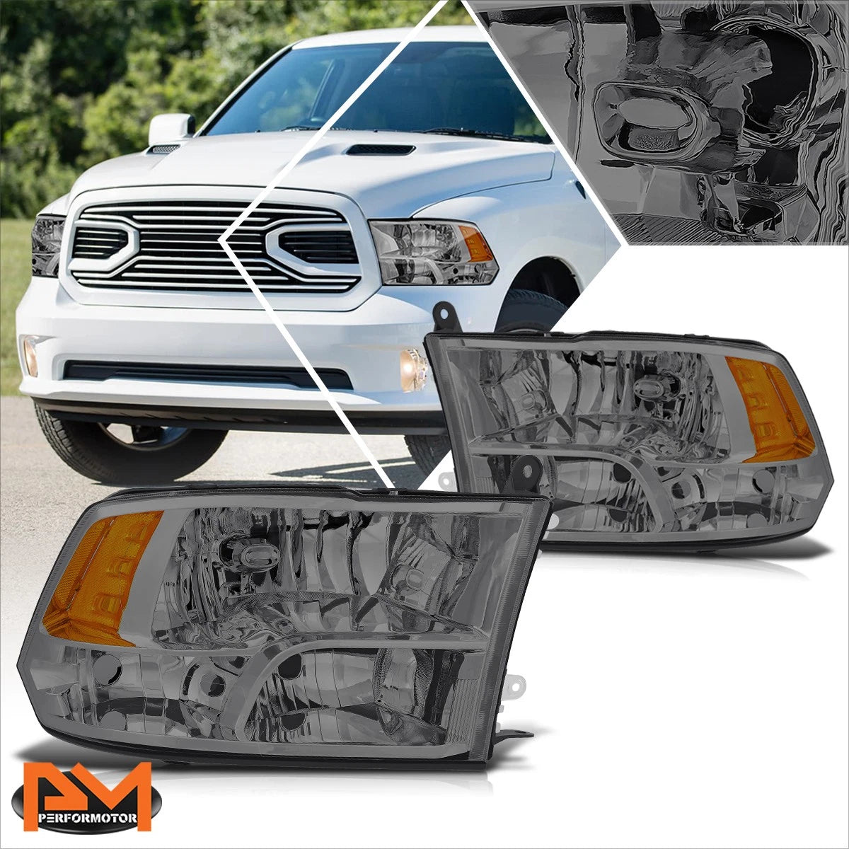 Headlight Assembly Set of 2 for Dodge Ram 1500-3500 (2009–2012) Smoked Amber