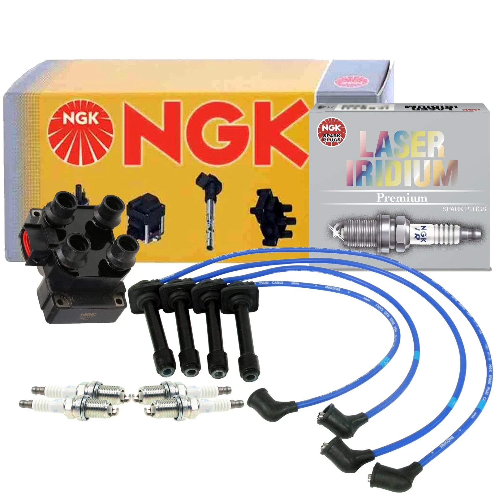NGK DIS Ignition Coil Wires & 4 Laser Iridium Spark Plugs for Ford Probe (1989–1992)
