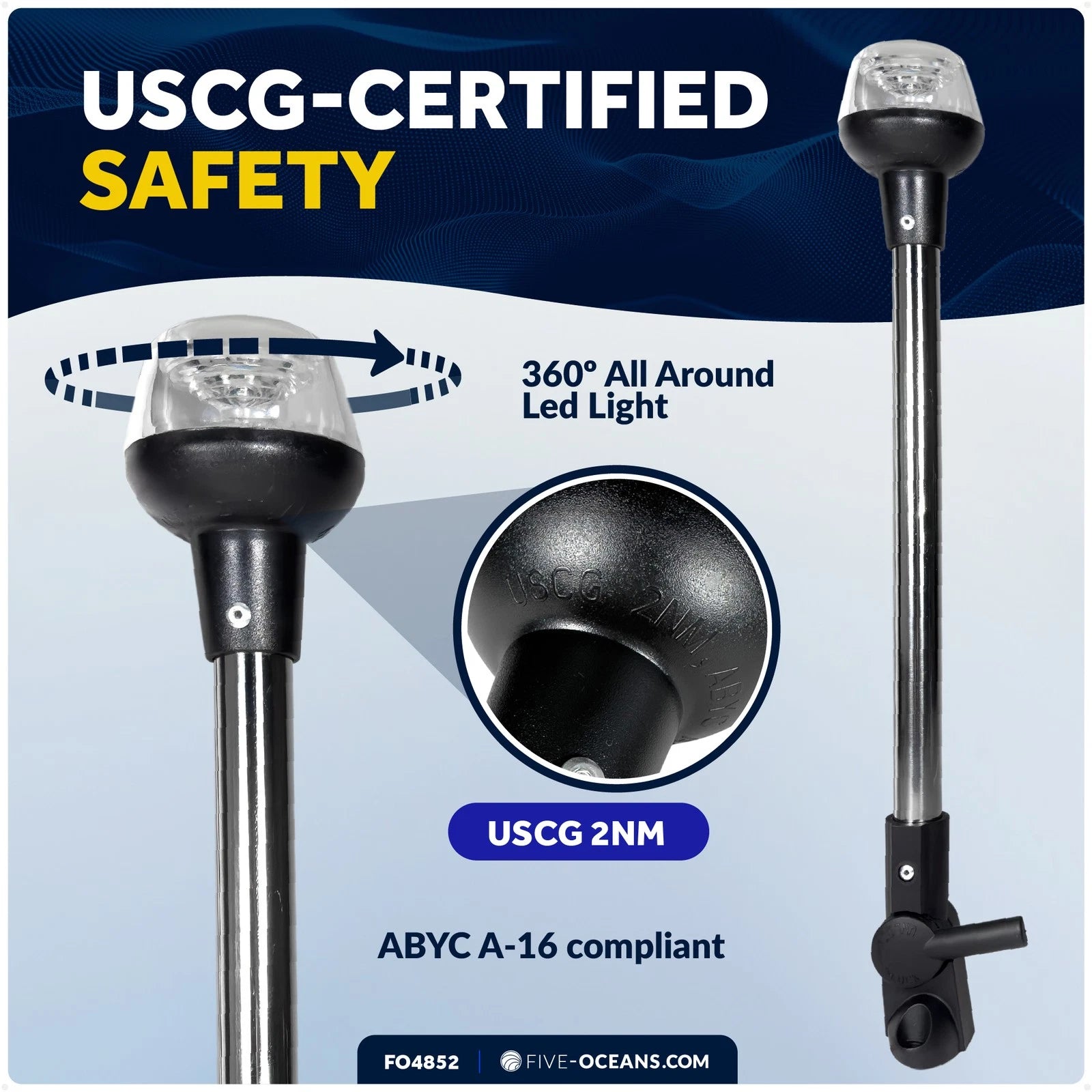 LED Anchor Light for Boats (16", IP67 Waterproof, USCG 2NM Certified)