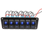 6 Gang Rocker Switch Panel for RV Car Boat Marine (12V/24V) - Blue LED