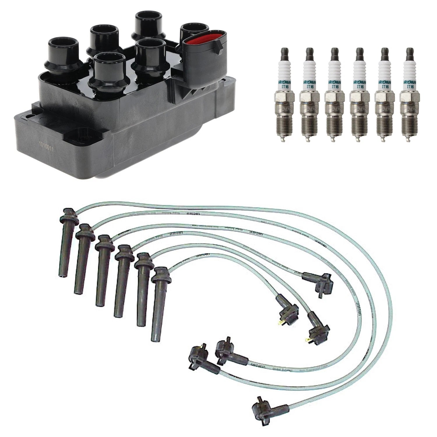 Ignition Coil & Denso 6 Iridium Spark Plugs Wire Set for Ford Contour (1995–2000)
