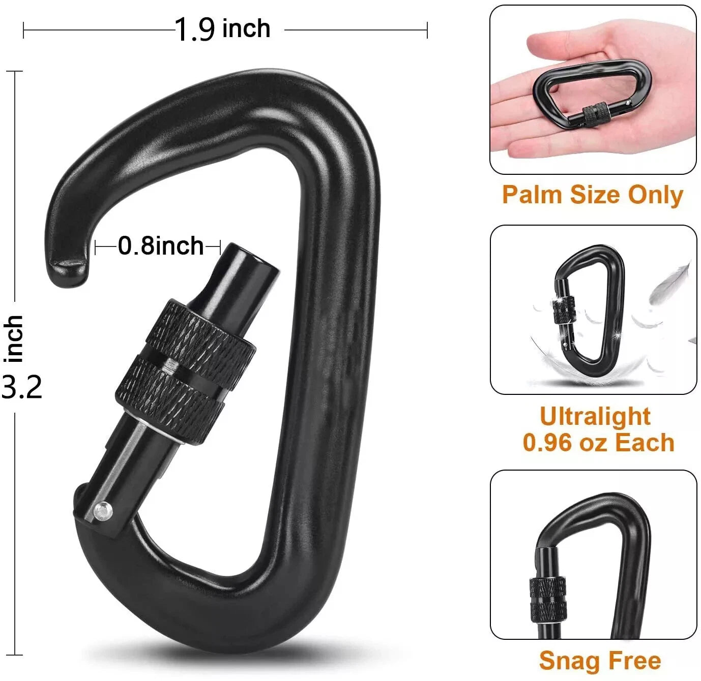 Set of 4 Heavy Duty Locking Carabiners Clips D-Shaped