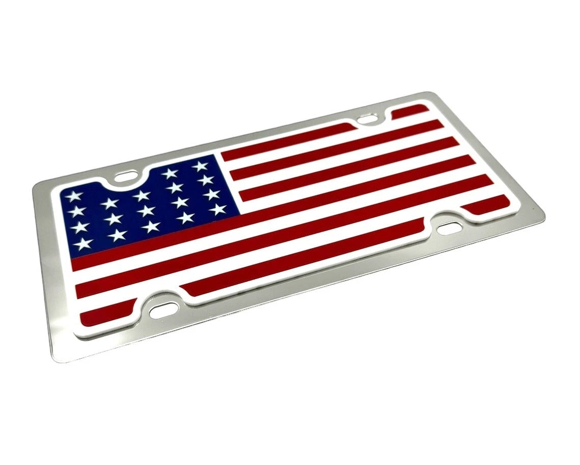 Chrome License Plate with American Flag Design for Universal Fit (Any Year)
