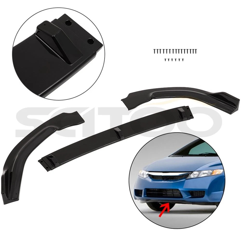3Pc Front Bumper Lip Spoiler Splitter Protector for Honda Civic 2006–2011