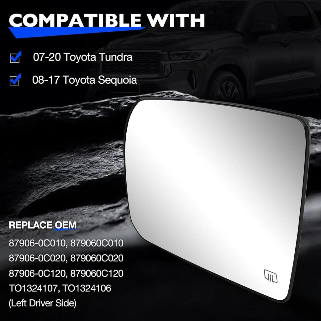 Driver Side Power Heated Mirror Glass for Toyota Tundra Sequoia (2007–2020) TO1324107