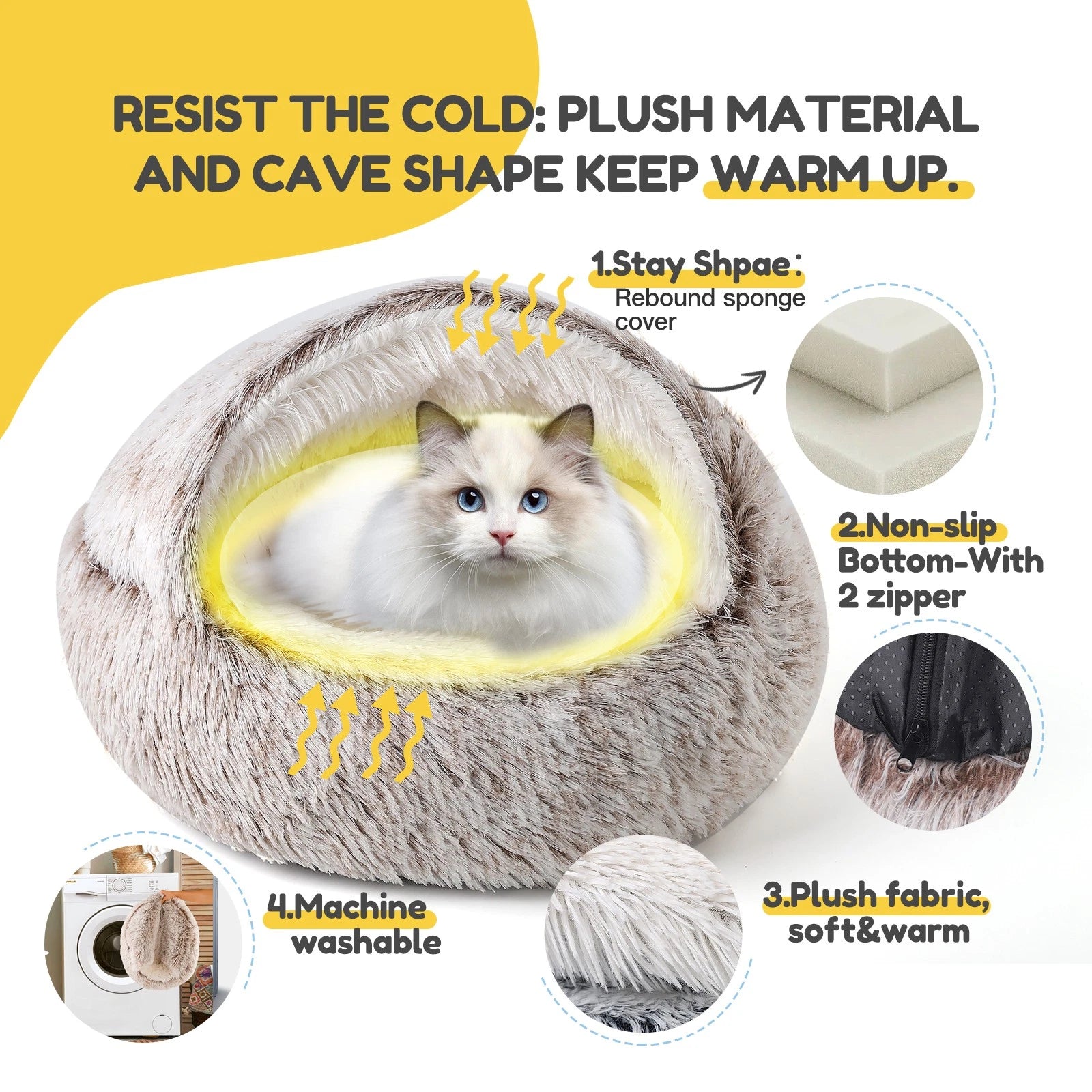 Cozy Cat Pod Plush Hooded Cat Bed Cave for Cats - Self Warming, Non-Slip