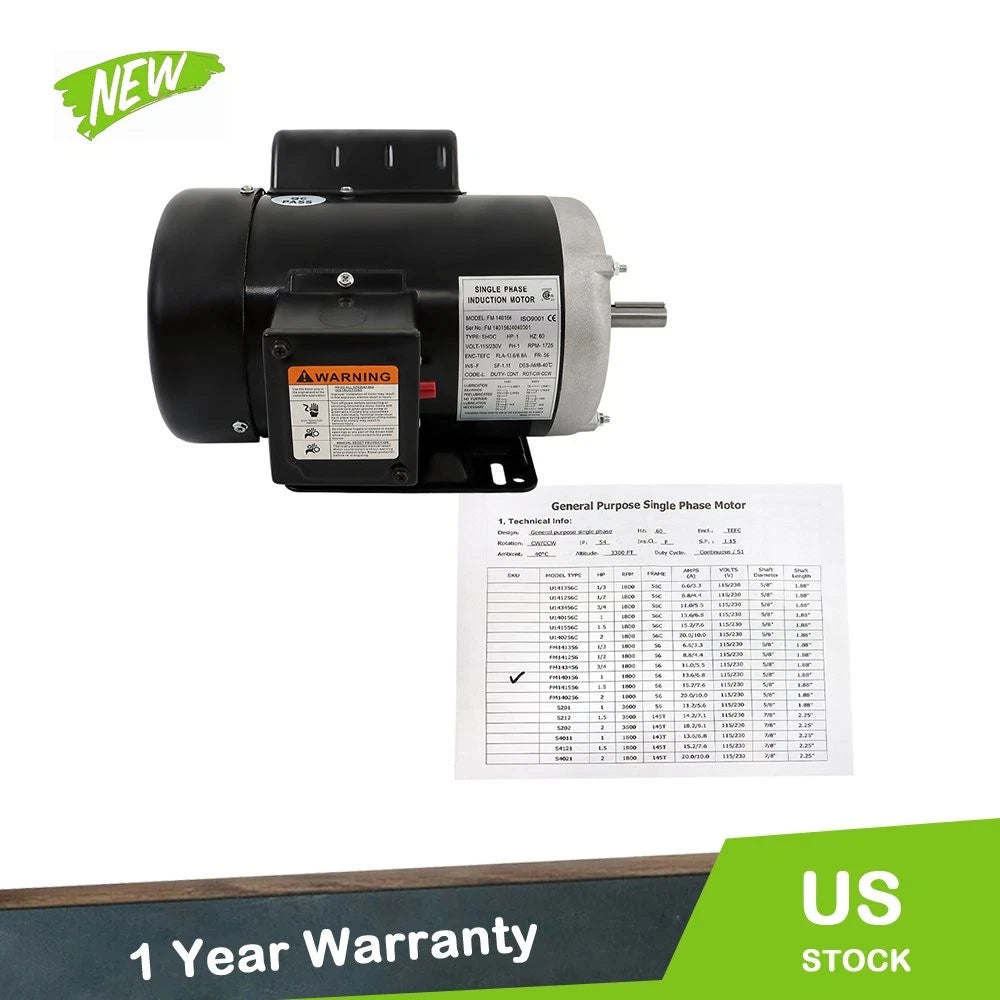 1 HP Electric Motor for Equipment (115/230V, 5/8'' Shaft, 1725 RPM)
