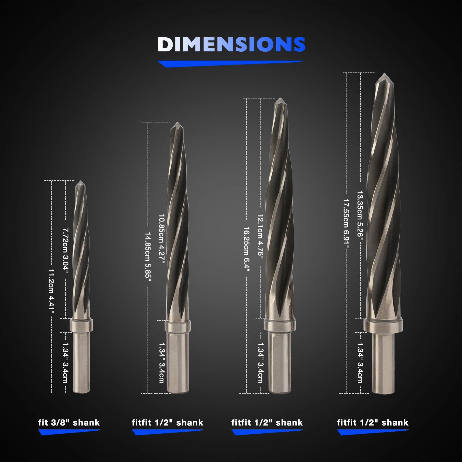Set of 3 M2 HSS Taper Chucking Reamers for 3/8", 1/2", 5/8", 3/4"
