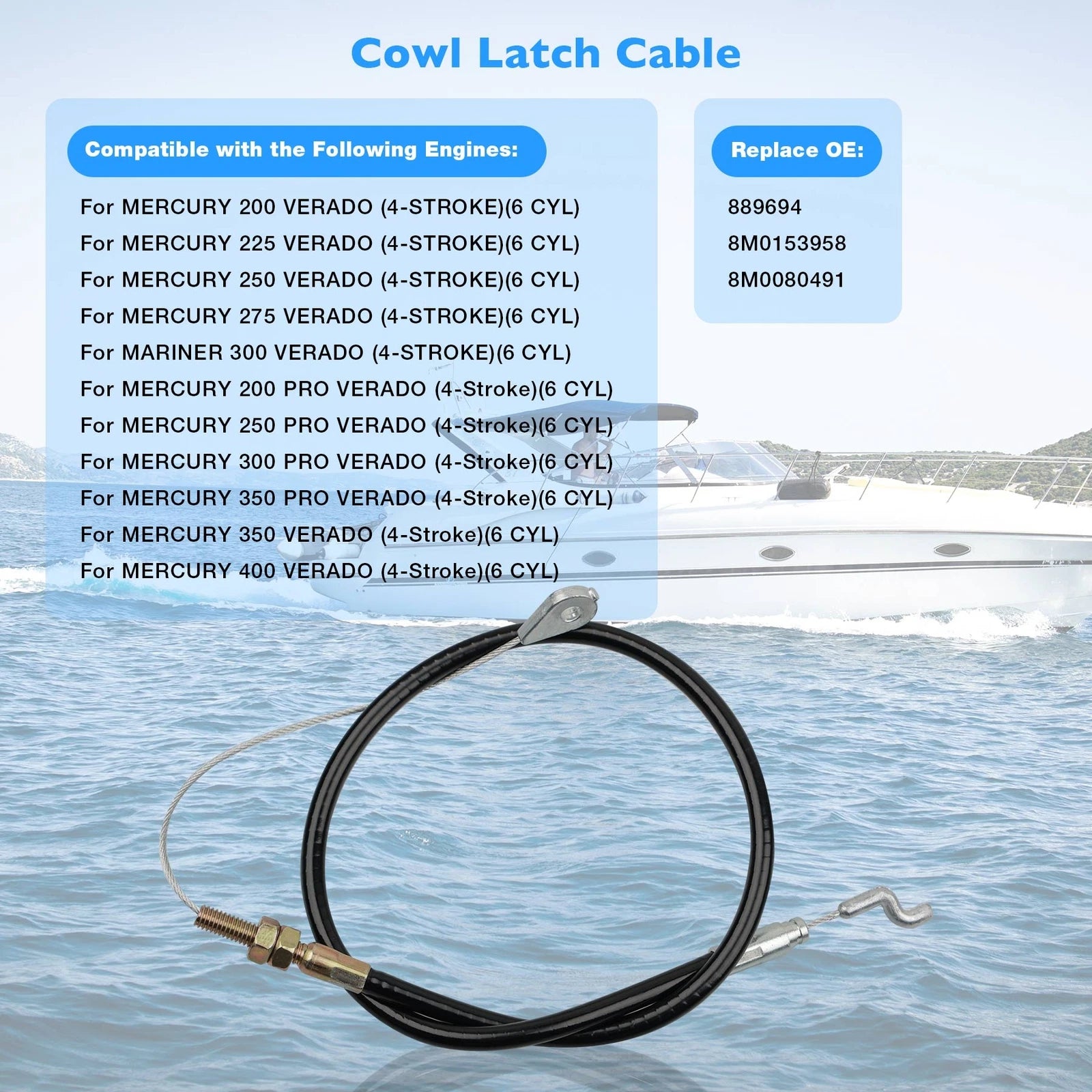 Lower Cowl Latch Cable for Mercury Verado 200-400 (2001–2023) 8M0153958
