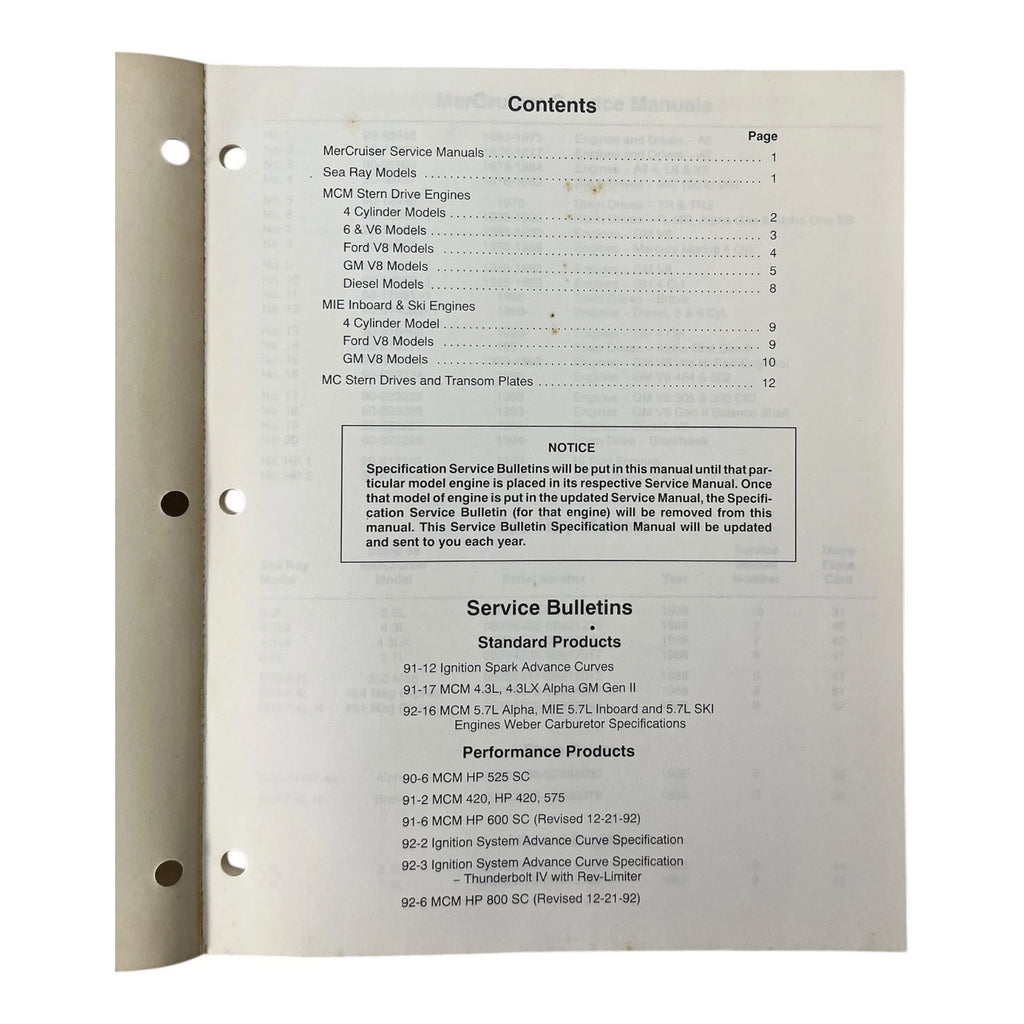 Service Manual Index & Bulletin for Mercruiser (1993) 90-806537930 693