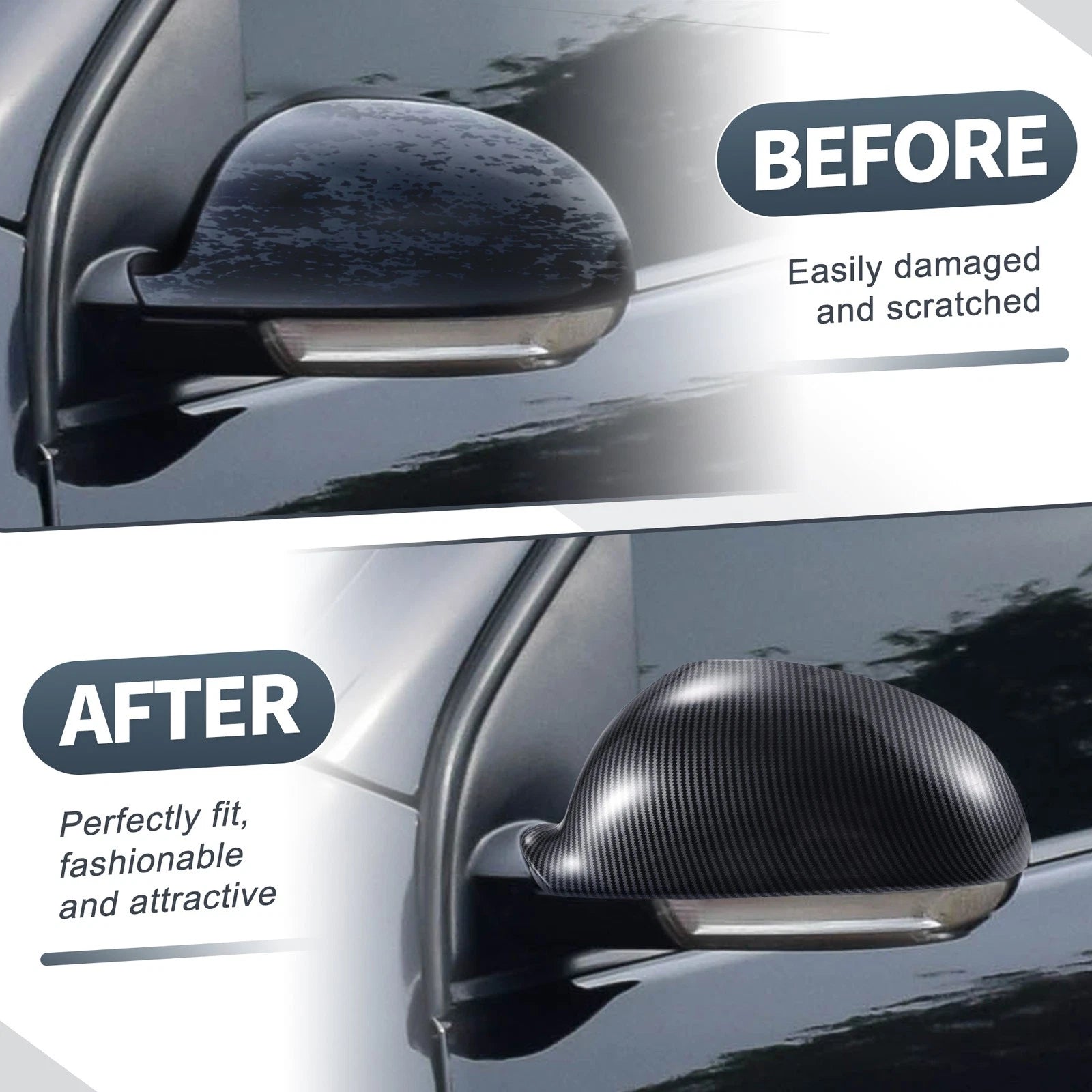 Pair Rearview Mirror Cover Cap Black Carbon Fiber for Volkswagen Golf MK5 (2006–2009)