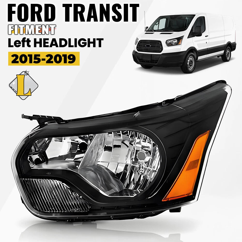 Halogen Headlight for Ford Transit 150/250/350/350HD (2015–2022) W/Bulb Black