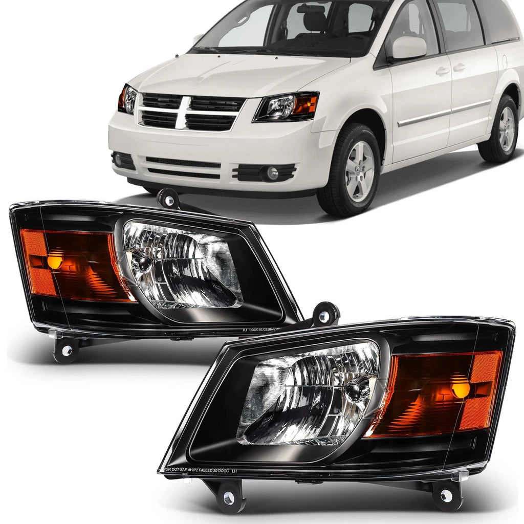 2X Headlight Assembly for Dodge Grand Caravan (2008–2010) Black Amber